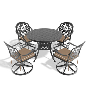 English Elm 5-Piece All-Weather Cast Aluminum Dining Set With Swivel Chairs & Round Table For Outdoor Comfort W1710S00437