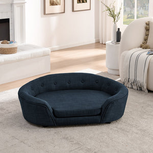 English Elm Oversized Oval Dog Sofa with Tufted Linen Backrest for Large Breed Lounging Comfort Dark Blue W487P415301