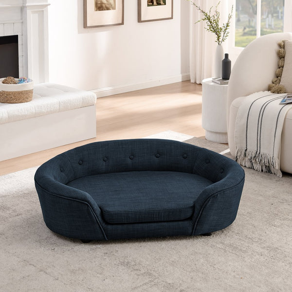 English Elm Oversized Oval Dog Sofa with Tufted Linen Backrest for Large Breed Lounging Comfort Dark Blue W487P415301