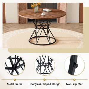 English Elm Table and Chair Set Walnut Round Dining with Six White Pu Seats Modern Industrial W1151S04858