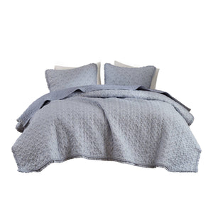 English Elm 3-piece King Quilt Set Ruffle Trim Vermicelli Stitching Soft Polyester Bohemian Bedding Blue B035P408233