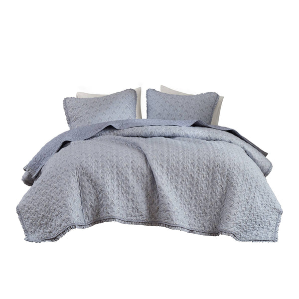 English Elm 3-piece King Quilt Set Ruffle Trim Vermicelli Stitching Soft Polyester Bohemian Bedding Blue B035P408233