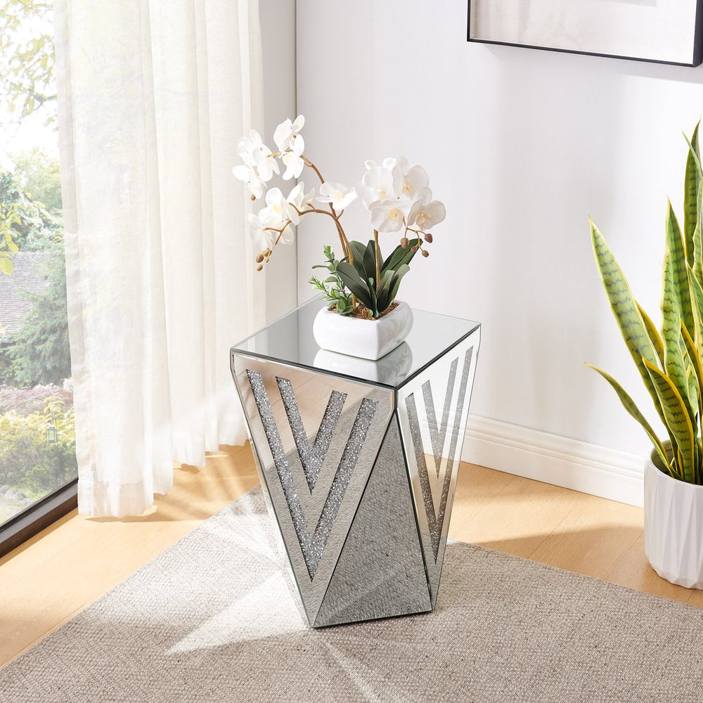 English Elm Inverted Triangle Mirrored Side Table with Crystal Inlays for Glam Living Spaces W1005P416726
