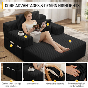 English Elm Luxurious Corduroy Convertible Chaise Lounge Sofa Bed with Foam Support for Apartments Black W3219P449015
