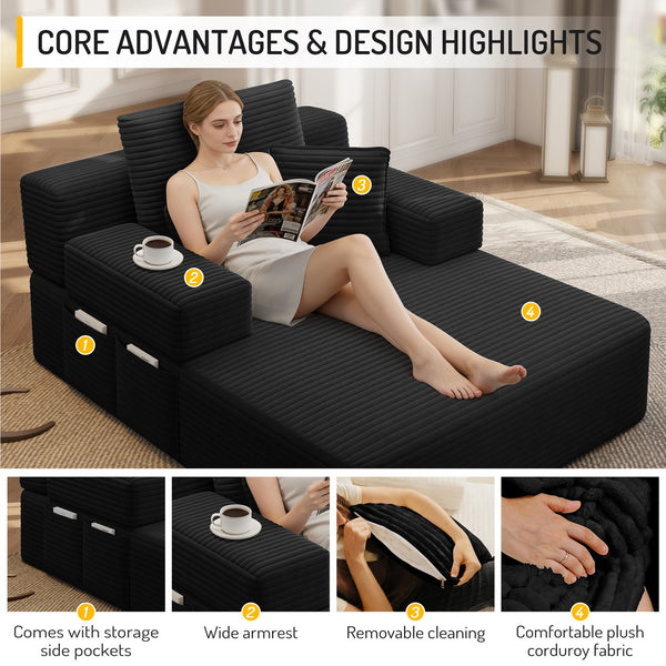 English Elm Luxurious Corduroy Convertible Chaise Lounge Sofa Bed with Foam Support for Apartments Black W3219P449015