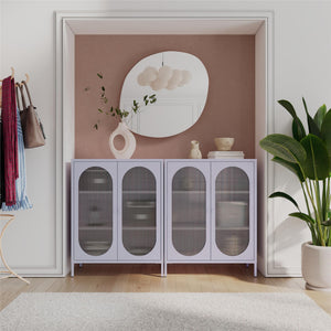 English Elm Luna Short 2-Door Metal Accent Cabinet with Oval Fluted Glass Doors, 3 Shelves, Modern Storage Solution B2733P385746