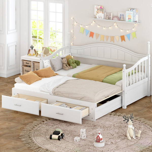 English Elm Wooden Twin Daybed with Trundle and Two Storage Drawers, Solid MDF Frame, Guardrails for Safety and Style White 43.5 L x 24.75 W x 6 H N733S173459K