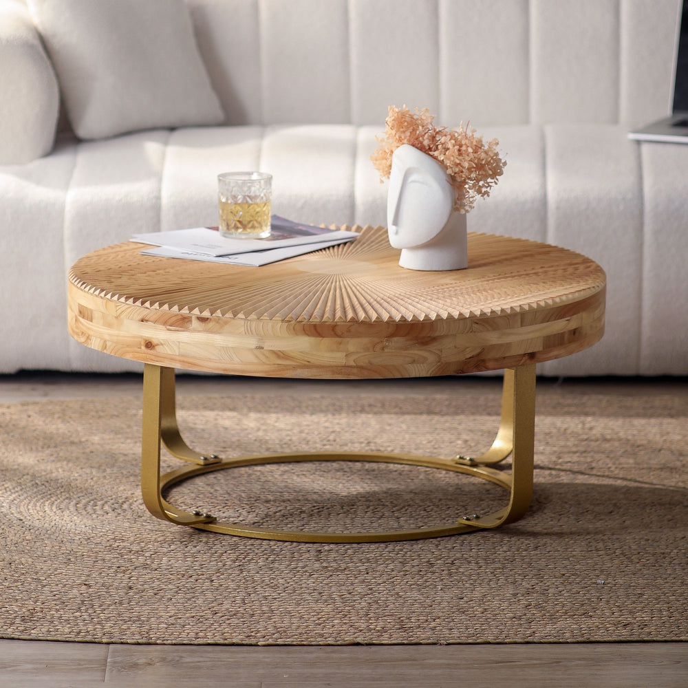 English Elm Modern carved pine coffee table with sculpted tabletop and metal legs for chic living room style, durable 220 lb capacity Natural+Gold W757P186929