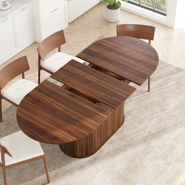 English Elm 55.11"-70.86" Extendable Dining Table with Sculpted Striped Legs Seats Six in Modern Style Walnut W757P411745