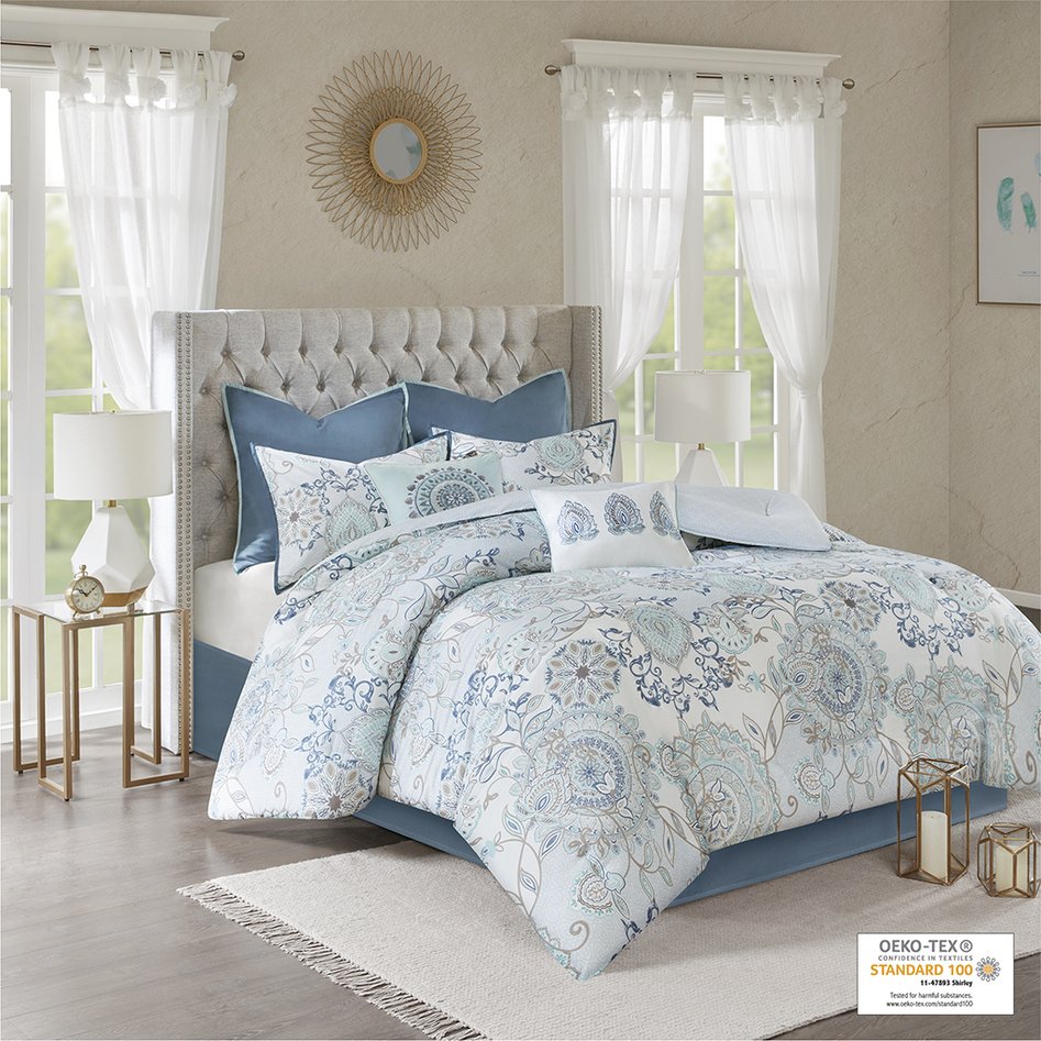 JLA Home Madison Park - 8 Botanical Cotton Reversible Comforter Set with Watercolor Floral Medallion, OEKO‑TEX Certified Elegance 90 L x 90 W x 1.5H MP10-5803