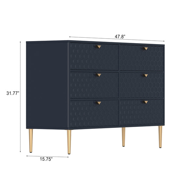 English Elm 6-drawer Honeycomb Veneer Chest with Gold Legs Geometric Bedroom Storage Cabinet T3609P482835