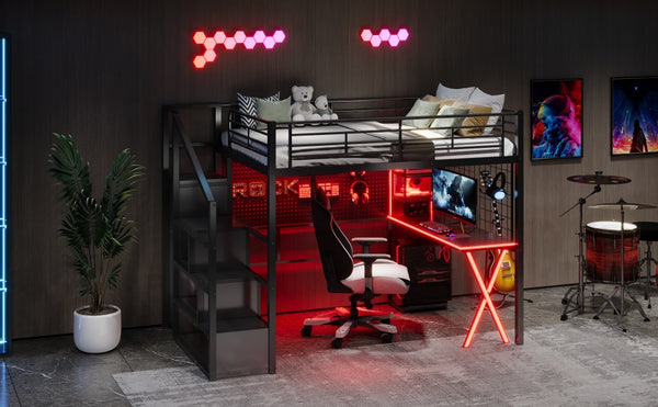 English Elm Full Full Size Metal Loft Bed with Built-In Desk, Wardrobe & Stair Storage, LED Lights, Space-Saving Black GX000663AAB