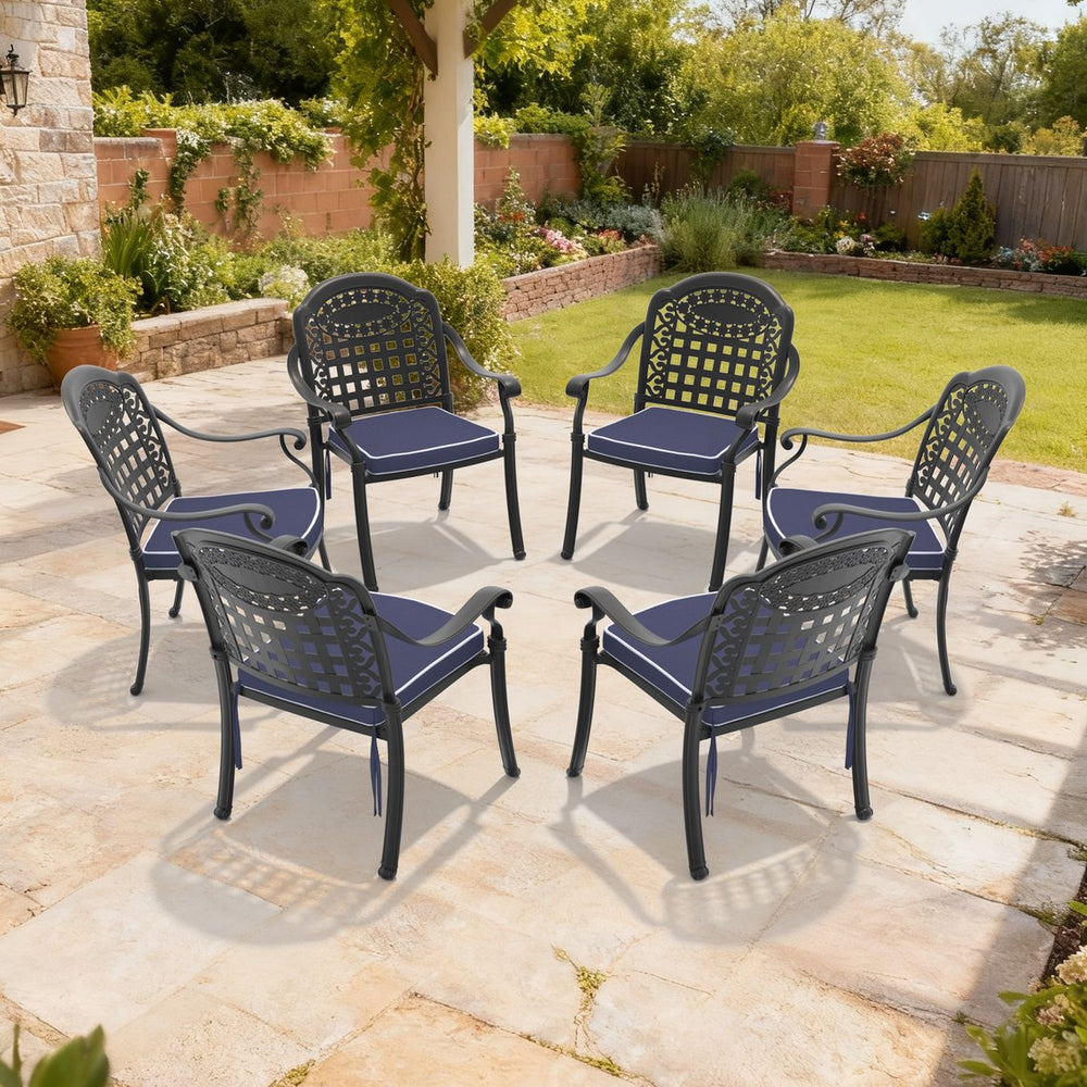 English Elm Cast Aluminum Ornate Carved Patio Dining Chairs Powder Coated Set of Six Outdoor W1710S00511