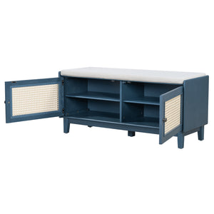 English Elm Trexm Bohemian Rattan Storage Bench Cushioned Seat Shoe Cabinet for Entryway Antique Navy,Beige N715P308012M