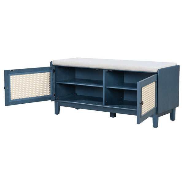 English Elm Trexm Bohemian Rattan Storage Bench Cushioned Seat Shoe Cabinet for Entryway Antique Navy,Beige N715P308012M
