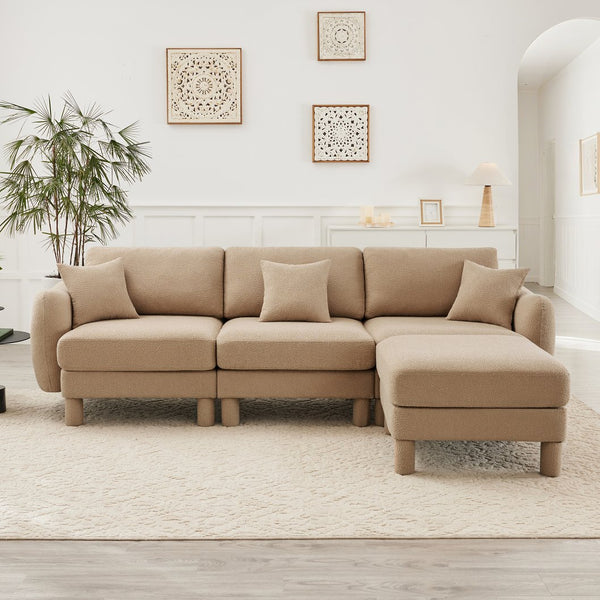 English Elm Boucle Fabric L-Shape Sectional Sofa With Removable Ottoman & Shell-Shaped Armrests In Coffee Color W3041S00285