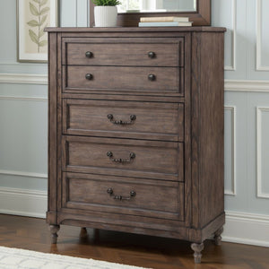 English Elm Middleton Five Drawer Chest Poplar Wood Vintage Hazel Finish with Pewter Hardware B108P468546