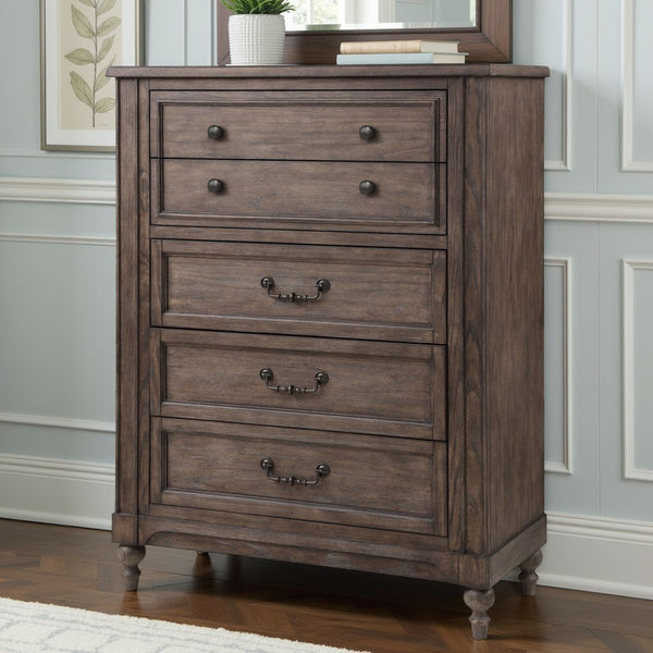 English Elm Middleton Five Drawer Chest Poplar Wood Vintage Hazel Finish with Pewter Hardware B108P468546