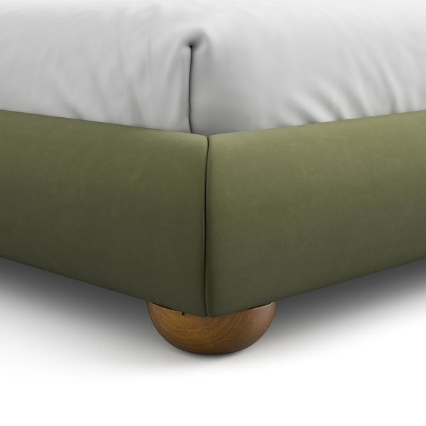 English Elm Brown Boucle Eastern King Bed Camel Back Headboard Round Bun Feet Upholstered Frame Olive Green B2741S00831