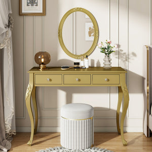 English Elm Luxury Makeup Vanity Desk with Oval Mirror and Engraved Floral Frame, Velvet Jewelry Tray, Durable Drawers and Elegant Console for Bedroom & Living Room Decor Gold N844P292481G