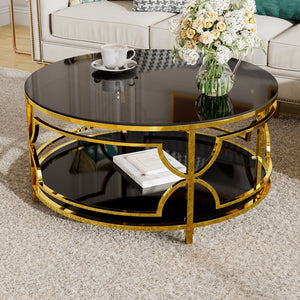 English Elm Round Tempered Glass Coffee Table with Gold Geometric Metal Base and Open Storage Shelf Black N735P396530B