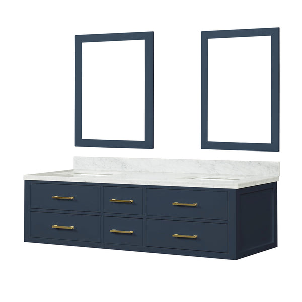 English Elm Blue Double Bath Vanity 72 in W x 22 in D with Carrara Marble Top, Soft-Close Drawers & Dual 34" Mirrors B2731S01571