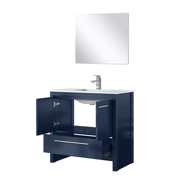 English Elm Navy Blue Bath Vanity Set With White Quartz Top, Chrome Faucet & Matching 28-Inch Mirror Ensemble B2731S02063