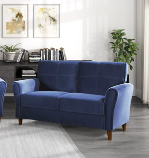 English Elm Blue Velvet Dunleith Loveseat Plush Tufted Seatbacks Flared Arms Solid Wood Frame Modern Chic B011P204911