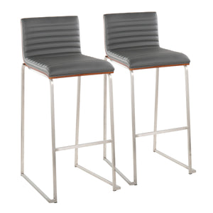 English Elm Mason Mara 30" Barstool Set Of 2 - Contemporary Stainless Steel, Walnut Wood & Grey Faux Leather B202P222252