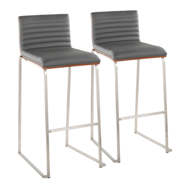 English Elm Mason Mara 30" Barstool Set Of 2 - Contemporary Stainless Steel, Walnut Wood & Grey Faux Leather B202P222252