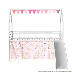 English Elm Jack Twin Loft Bed with Slide, Curtains, Guardrails & Pennant Banner — Safe, Quiet Assembly, Kids' Decor B083P361166