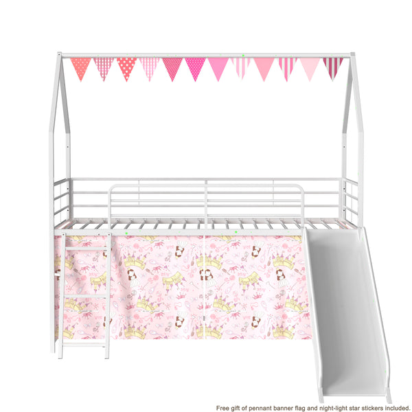 English Elm Jack Twin Loft Bed with Slide, Curtains, Guardrails & Pennant Banner — Safe, Quiet Assembly, Kids' Decor B083P361166