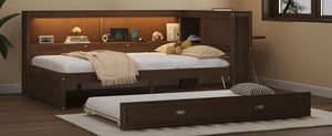 English Elm Full Pine Daybed with Trundle Sliding Storage Shelves Led Lighting and Usb Charging Wood GX004003AAD