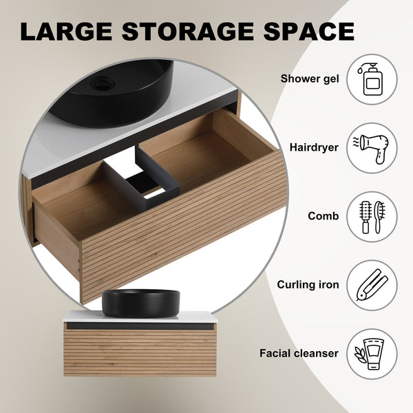 English Elm 30'' Floating Wall Mounted Vanity Hand Painted Ceramic Vessel Sink Soft Close Drawer W999S00360