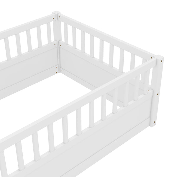 English Elm Twin Montessori Floor Bed Frame for Kids – Pine Playroom Bed with Fence for Reading & Imaginative Play White W1580P307878