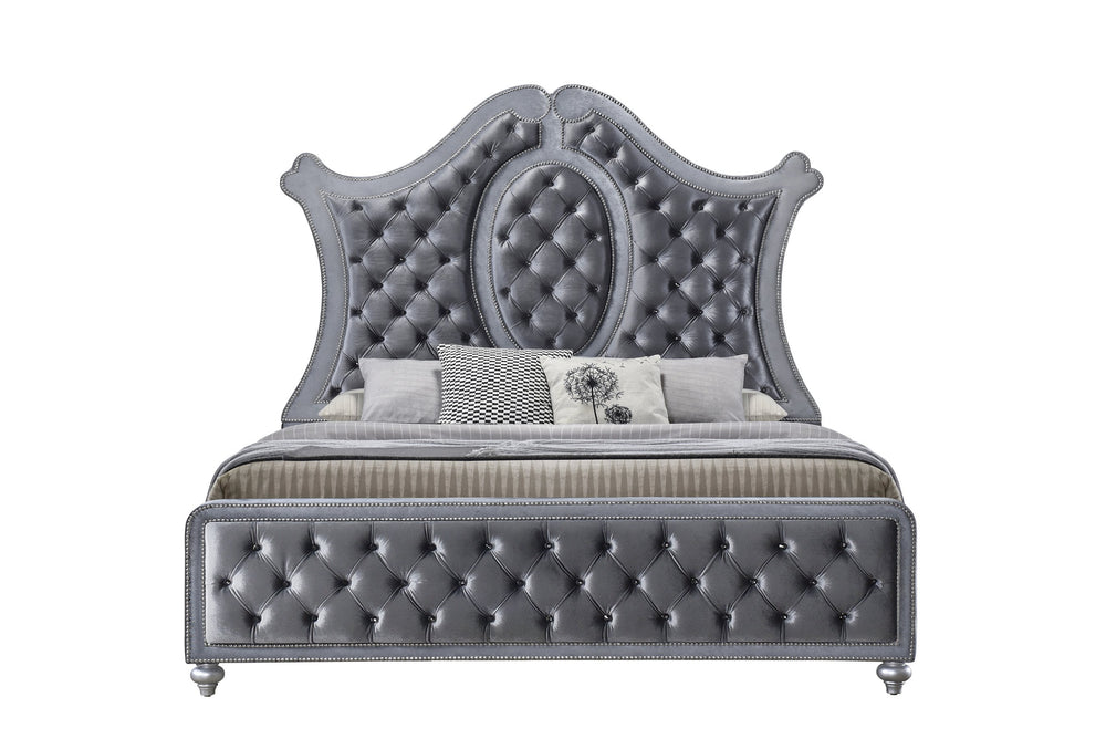 English Elm 1Pc Queen Panel Bed - Luxurious Tufted Headboard With Nailhead Trim & Modern Silver Accents, Glam Style B2741S00236