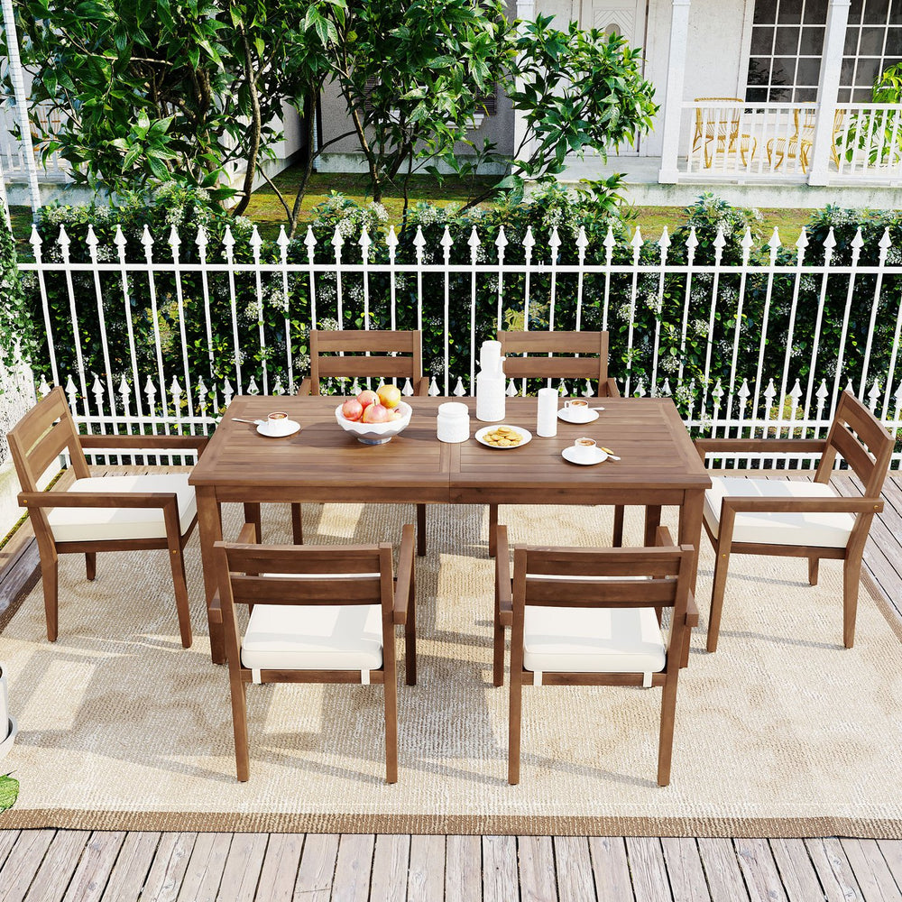 English Elm U_style Solid Acacia Wood Patio Dining Set Six Stackable Chairs Cushions Modern Outdoor Burly Wood WY000459AAD