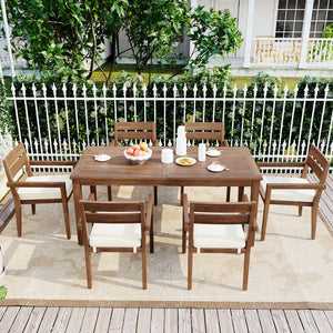 English Elm U_style Solid Acacia Wood Patio Dining Set Six Stackable Chairs Cushions Modern Outdoor Burly Wood WY000459AAD