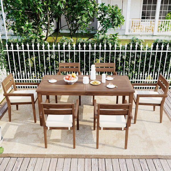 English Elm U_style Solid Acacia Wood Patio Dining Set Six Stackable Chairs Cushions Modern Outdoor Burly Wood WY000459AAD