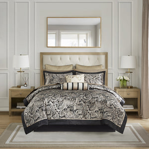 English Elm 12 Piece Madison Park Aubrey Jacquard Comforter Set Full with 200TC Cotton Sheets Black Gold Paisley Elegance B035128818