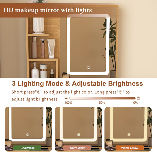 English Elm Vanity compact dressing desk with LED mirror, 3-color dimmable lights, drawers, stool, outlet Wood W2699P345799