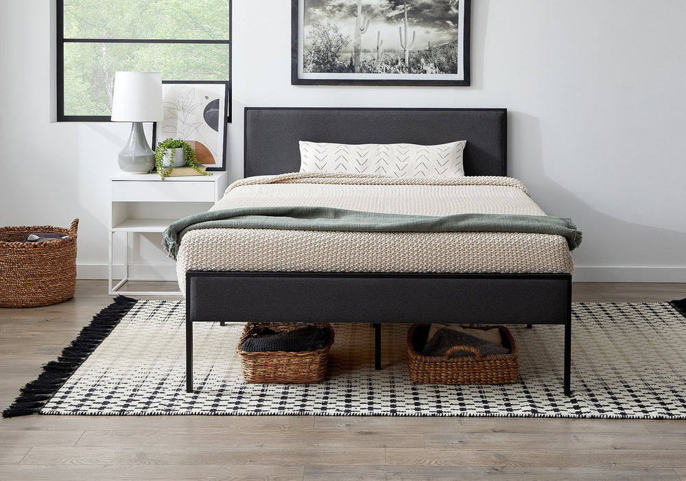 English Elm Edenbrook Charcoal King Metal Platform Bed Frame with Upholstered Headboard, 800lb Slats, Easy Assembly B350P394800
