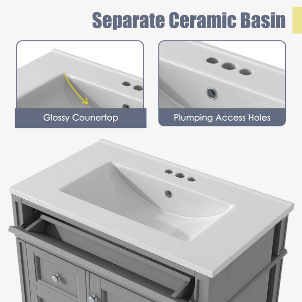 English Elm 30'' Modern Bathroom Vanity With Ceramic Sink, 2 Smooth-Glide Drawers & Tip-Out Compartment Storage N710P206904E