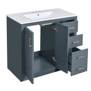 English Elm 36'' Bathroom Vanity with Ceramic Sink Combo Solid Wood Frame Soft-Closing Drawers Ample Storage Elegance Blue N710P243327C