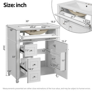 English Elm Bathroom Vanity with Sink French-Inspired 30" Ceramic Basin Vanity Cabinet with Soft-Close Doors & Drawer Organizer White N710P286723K