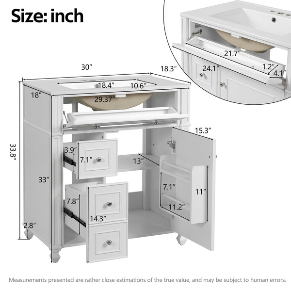 English Elm Bathroom Vanity with Sink French-Inspired 30" Ceramic Basin Vanity Cabinet with Soft-Close Doors & Drawer Organizer White N710P286723K