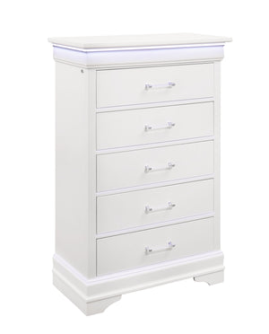 English Elm CHARLSTON Solid Wood 5-Drawer Chest with Built-In LED Lighting, Spacious Transitional Bedroom Storage White 35.63 L x 19.49 W x 52.17 H B201P215710