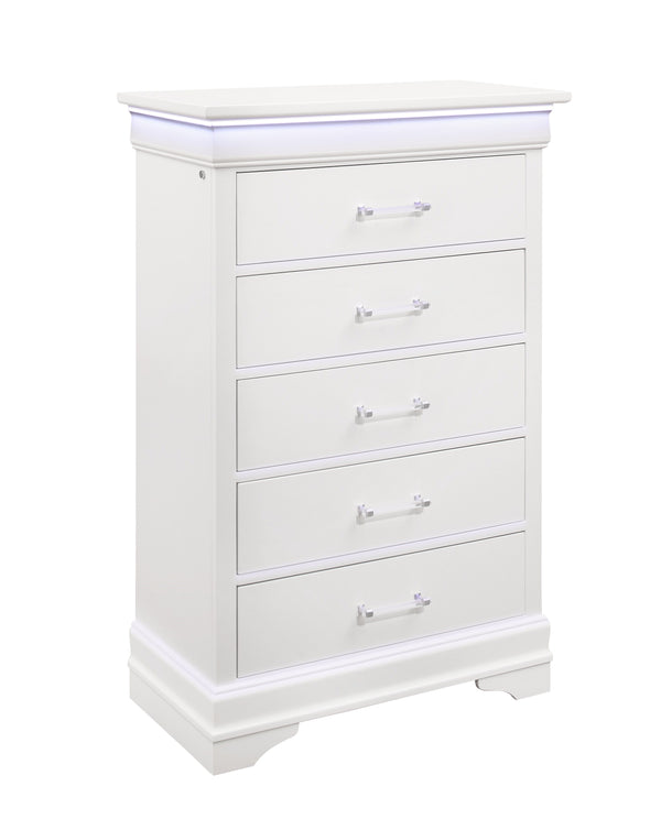 English Elm CHARLSTON Solid Wood 5-Drawer Chest with Built-In LED Lighting, Spacious Transitional Bedroom Storage White 35.63 L x 19.49 W x 52.17 H B201P215710