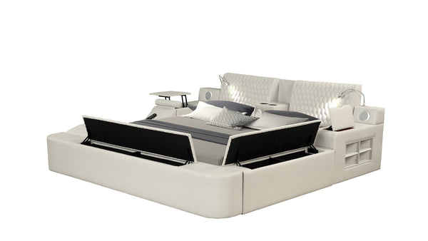 English Elm ZOYA Queen Beige smart multifunctional bed with massage chaise, Bluetooth, USB charging, storage B009S01006