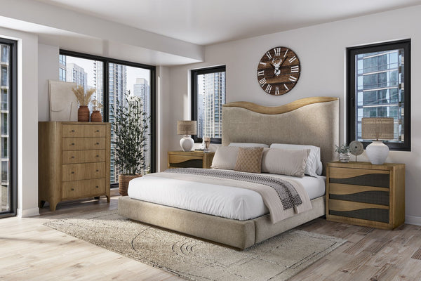 English Elm Upholstered Plush Queen Bed with Padded Headboard and Platform Base, 100% Polyester Luxury Finish Beige 88.25 L x 58.25 W x 8.25 H B2699S00102